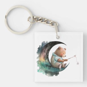 Niedlicher Teddybär auf dem Mond, Plush Cartoon Be Schlüsselanhänger