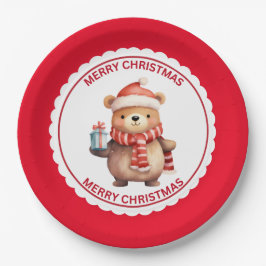 Niedlicher Teddybär auf der Weihnachtsmannmütze We Pappteller