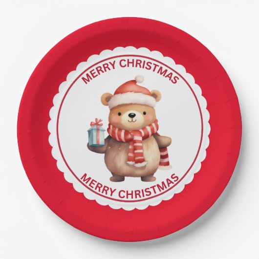 Niedlicher Teddybär auf der Weihnachtsmannmütze We Pappteller (Vorderseite)