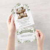 Niedlicher Teddybär auf einer Schaukel Eukalyptus  All In One Einladung (Abreißen)