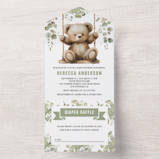 Niedlicher Teddybär auf einer Schaukel Eukalyptus  All In One Einladung (Innen Boden)