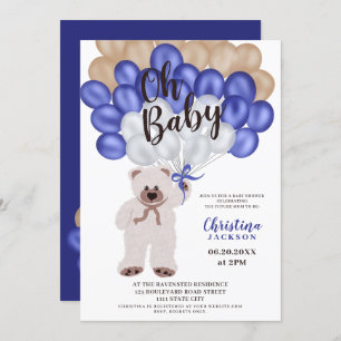 Niedlicher Teddybär blaue Ballons Babydusche Einladung