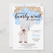 Niedlicher Teddybär blaue Ballons Babydusche Einladung (Vorderseite)