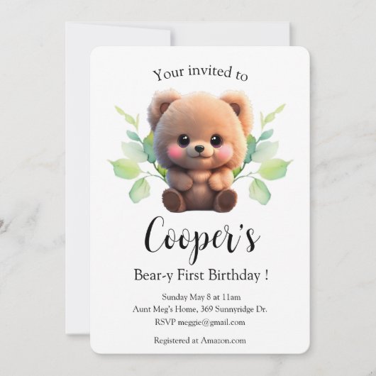 Niedlicher Teddybär boho botanischer 1. Geburtstag (Vorderseite)