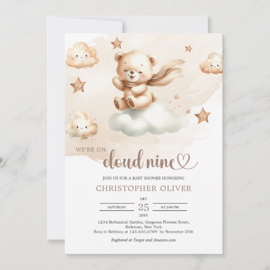 Niedlicher Teddybär, braune Elfenbeinwolke neun Einladung (Vorderseite)