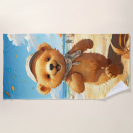 Niedlicher Teddybär, der am Strand spaziert Strandtuch