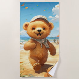 Niedlicher Teddybär, der am Strand spaziert Strandtuch