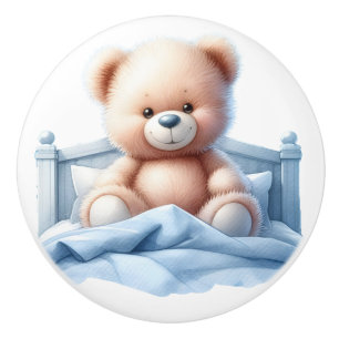 Niedlicher Teddybär im Bett, Kindermöbel, Schlafzi Keramikknauf