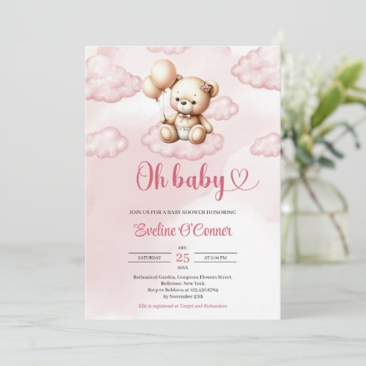 Niedlicher Teddybär in Aquarellfarbe über der Wolk Einladung (Stehend Vorderseite)