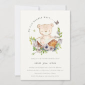 Niedlicher Teddybär in Blume Basket Grüne Babydusc Einladung (Vorderseite)