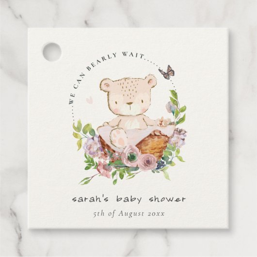 Niedlicher Teddybär in Blume Basket Pink Babydusch Geschenkanhänger (Vorderseite)