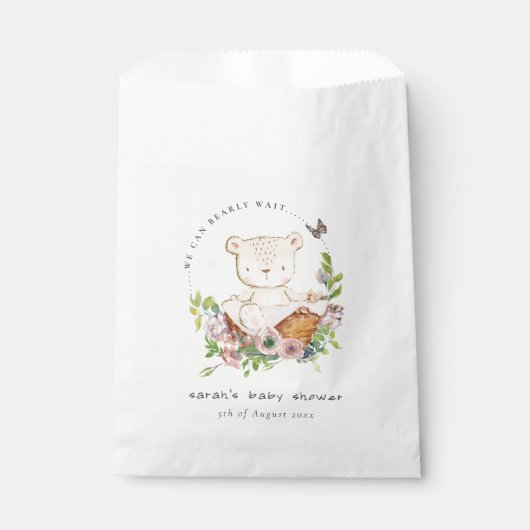 Niedlicher Teddybär in Blume Basket Pink Babydusch Geschenktütchen (Vorderseite)