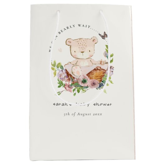 Niedlicher Teddybär in Blume Basket Pink Babydusch Mittlere Geschenktüte (Vorderseite)