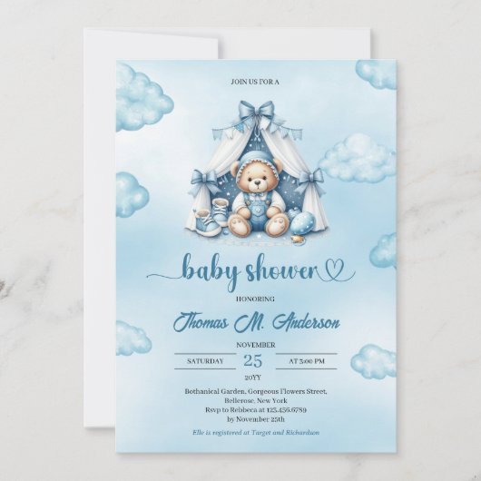 Niedlicher Teddybär in zelblau-brauner Elfenbeinju Einladung (Vorderseite)