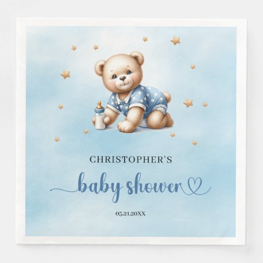 Niedlicher Teddybär mit Babyflasche Babydusche Serviette (Vorderseite)