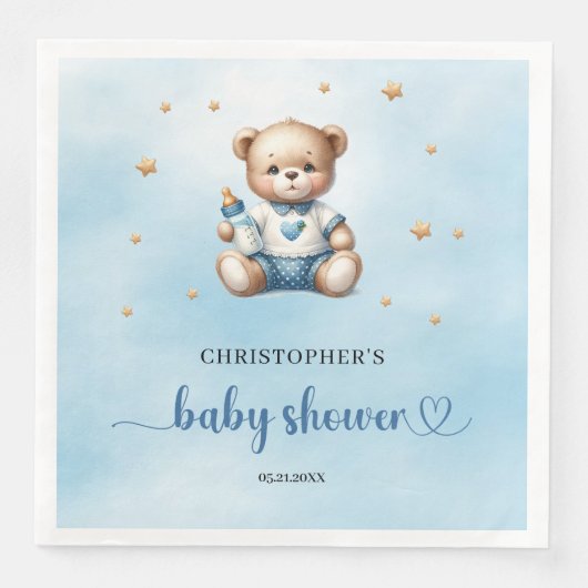 Niedlicher Teddybär mit Babyflasche Babydusche Serviette (Vorderseite)