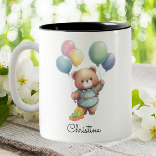 Niedlicher Teddybär mit Balloons Personalisiert Zweifarbige Tasse