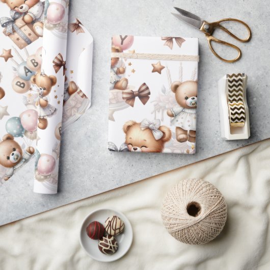 Niedlicher Teddybär mit Balloons und Geschenken Geschenkpapier (Kunsthandwerk)