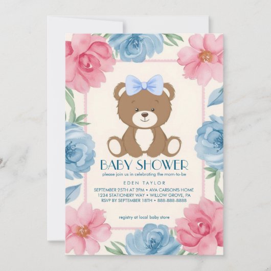 Niedlicher Teddybär mit blauer Babybrause Einladung (Vorderseite)