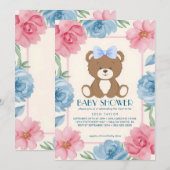 Niedlicher Teddybär mit blauer Babybrause Einladung (Vorne/Hinten)