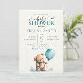 Niedlicher Teddybär mit Blue Balloon BABY Einladung (Stehend Vorderseite)