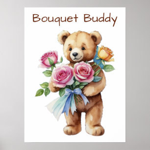 Niedlicher Teddybär mit Blume Bouquet Poster