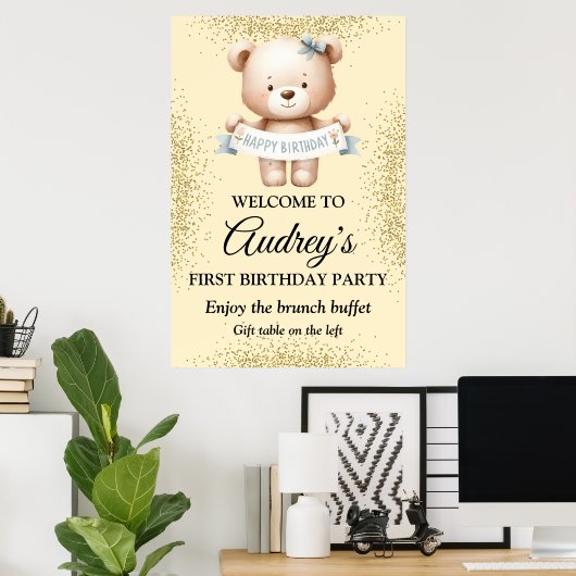 Niedlicher Teddybär mit Brithday Banner Poster (Heimbüro)