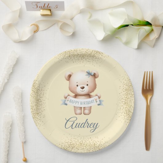 Niedlicher Teddybär mit Brithday Pappteller (Hochzeit)