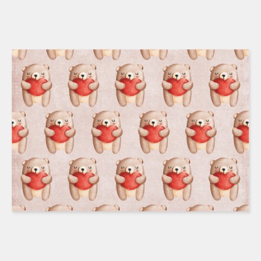 Niedlicher Teddybär mit einem roten Herz Geschenkpapier Set (Vorderseite 3)