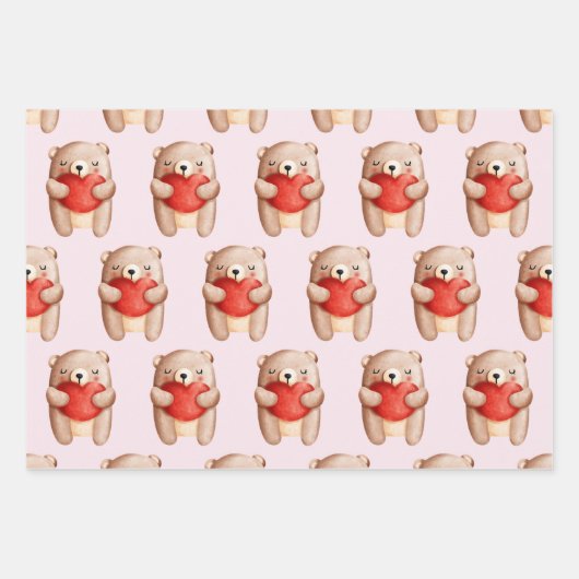 Niedlicher Teddybär mit einem roten Herz Geschenkpapier Set (Vorderseite)