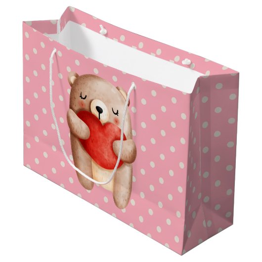 Niedlicher Teddybär mit einem roten Herz Große Geschenktüte (Vorderseite Schrägansicht)