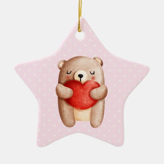 Niedlicher Teddybär mit einem roten Herz Keramik Ornament (Vorne)