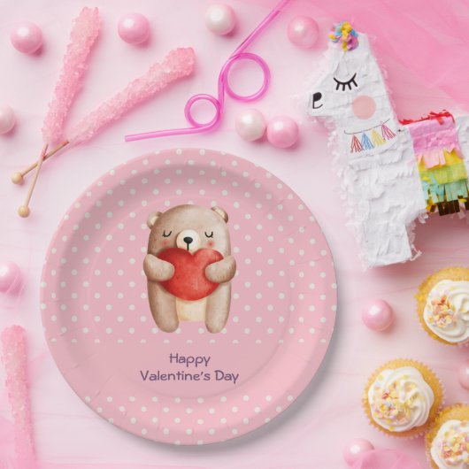 Niedlicher Teddybär mit einem roten Herz Pappteller (Party)