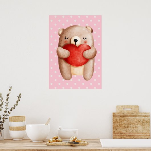 Niedlicher Teddybär mit einem roten Herz Poster (Küche)