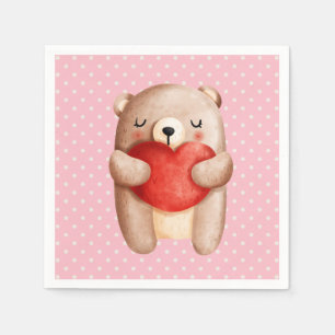 Niedlicher Teddybär mit einem roten Herz Serviette