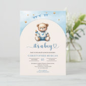 Niedlicher Teddybär mit Flaschenbock Einladung (Stehend Vorderseite)