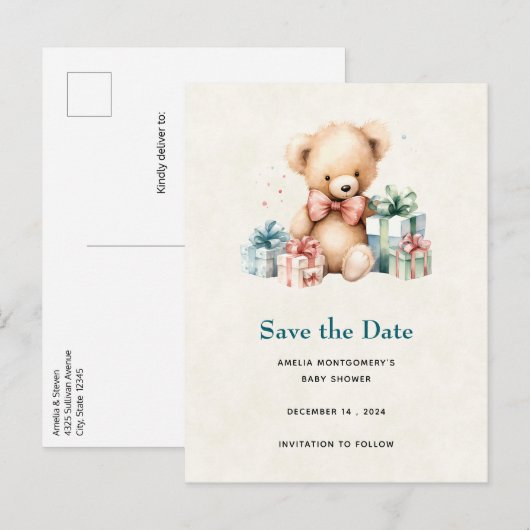 Niedlicher Teddybär mit Geschenken Save the Date Ankündigungspostkarte (Vorne/Hinten)