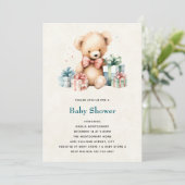 Niedlicher Teddybär mit Geschenksdusche Einladung (Stehend Vorderseite)