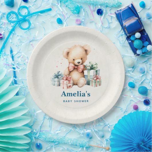 Niedlicher Teddybär mit Geschenksdusche Pappteller (Party)