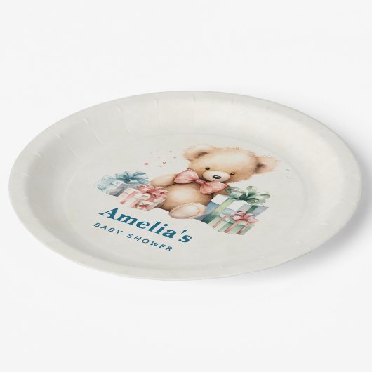 Niedlicher Teddybär mit Geschenksdusche Pappteller (Schrägansicht)