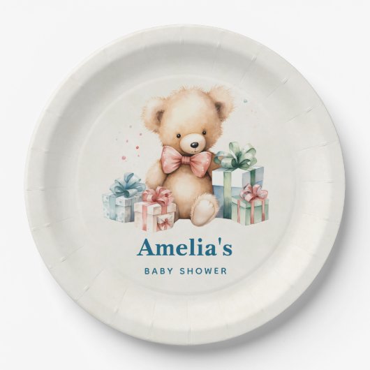 Niedlicher Teddybär mit Geschenksdusche Pappteller (Vorderseite)