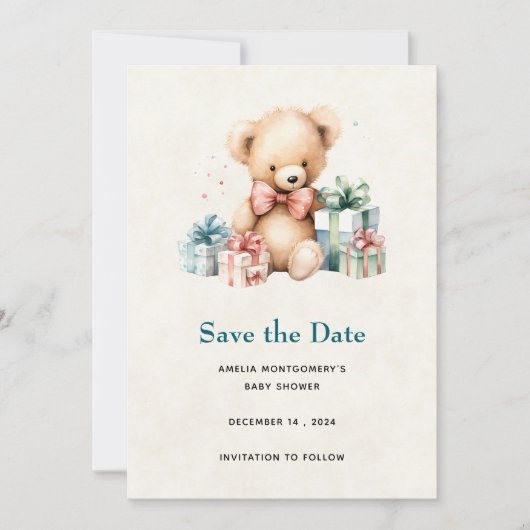 Niedlicher Teddybär mit Geschenksdusche Save The Date (Vorderseite)