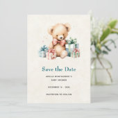 Niedlicher Teddybär mit Geschenksdusche Save The Date (Stehend Vorderseite)