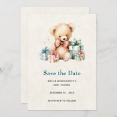 Niedlicher Teddybär mit Geschenksdusche Save The Date (Vorne/Hinten)