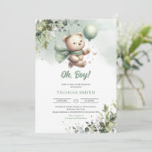 Niedlicher Teddybär mit geschlechtsneutralem Grün Einladung (Stehend Vorderseite)