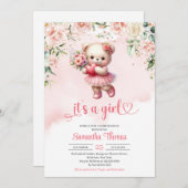 Niedlicher Teddybär mit Herz und Blume Einladung (Vorne/Hinten)