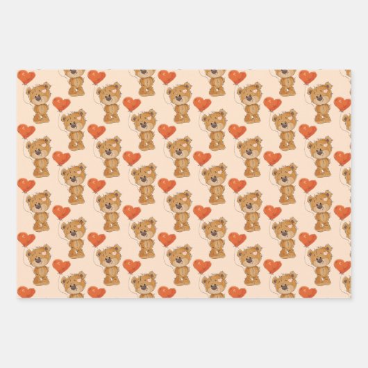 Niedlicher Teddybär mit Orangefarbenen Herzblasen Geschenkpapier Set (Vorderseite)