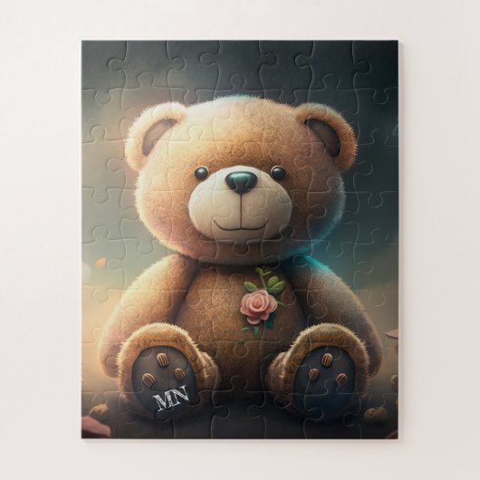 Niedlicher Teddybär mit rosa rosa Monogramm KI-Kun Puzzle (Vertikal)