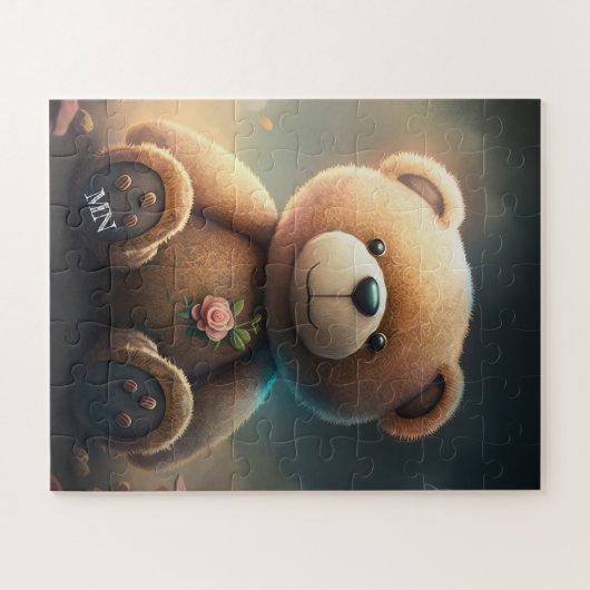 Niedlicher Teddybär mit rosa rosa Monogramm KI-Kun Puzzle (Horizontal)
