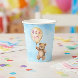 Niedlicher Teddybär mit Schwimmballon Babydusche Pappbecher